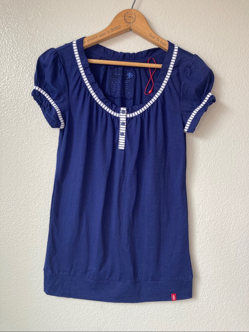 Vintage y2k edc puff sleeve banded hem nautical stripe trim top twee sz S